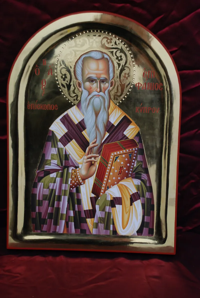 Τοξωτή στιλβωτή εικόνα του Αγίου Επιφανίου επισκόπου Κύπρου, με χαραγμένο φωτοστέφανο